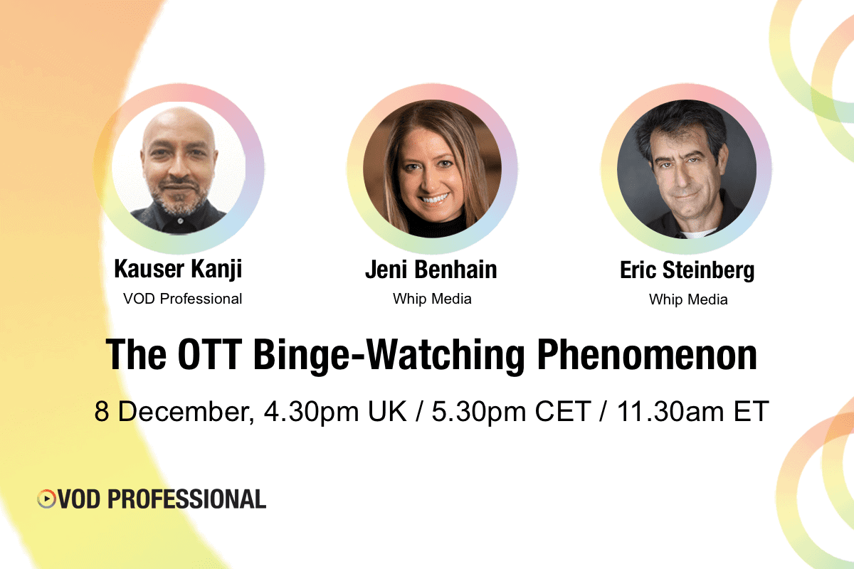 VOD professional seminar on OTT binge-watching culture featuring speakers Kauser Kanji, Jeni Benhain, and Eric Steinberg, scheduled for December 8th.