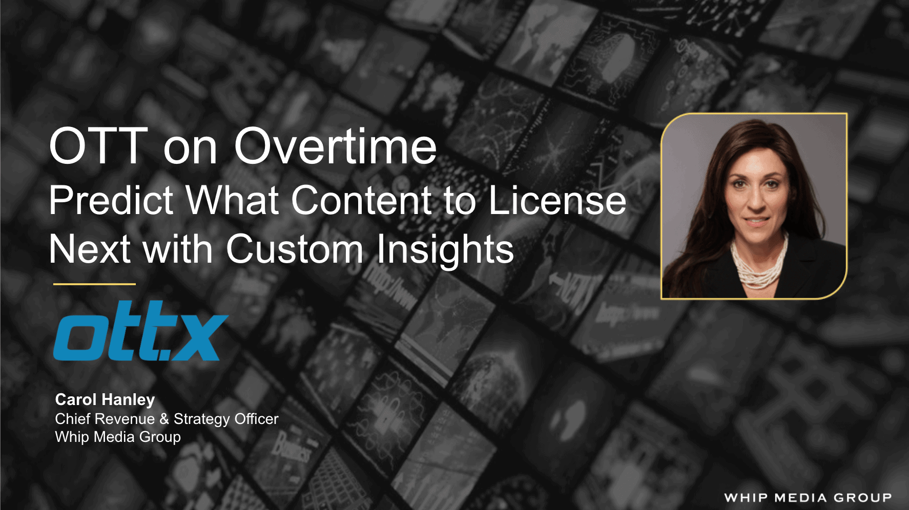 Predictive analytics for OTT content licensing using custom AI insights, featuring a professional woman speaker, optimizing media content strategy, and leveraging Whip Media Group's advanced OTT analytics platform.