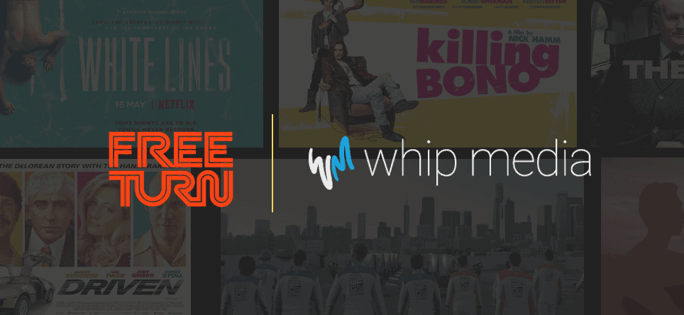 Whip media logo and streaming service branding, digital media company specializing in entertainment data and analytics, with a city skyline background.
