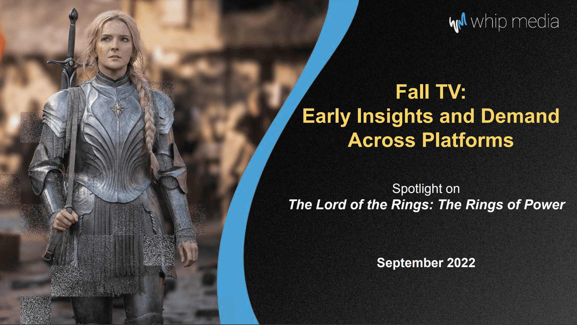 Armor-clad woman in medieval-style armor with sword from The Lord of the Rings TV series promotional image.