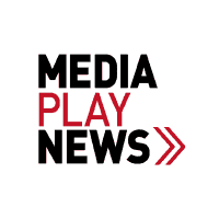 Media play news logo with bold black and red text on a white background, representing dynamic media industry updates and entertainment news.