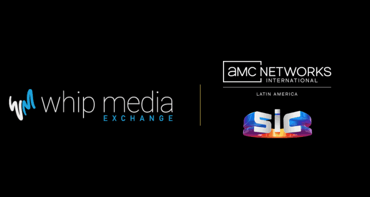Whip media exchange logo with amc networks latin america and sic branding for digital media distribution and entertainment industry collaboration.