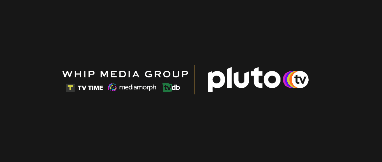 Whip media group and pluto tv logos, digital media, streaming platforms, entertainment branding, media company partnership.