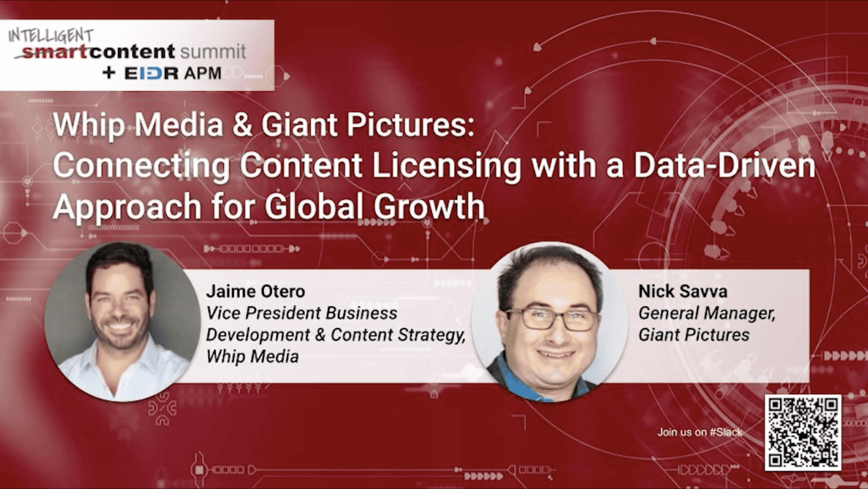 Whip Media and Giant Pictures discussing content licensing and data-driven strategies for global growth at the smart content summit. Featuring speakers Jaime Otero and Nick Savva in a modern, tech-themed setting.