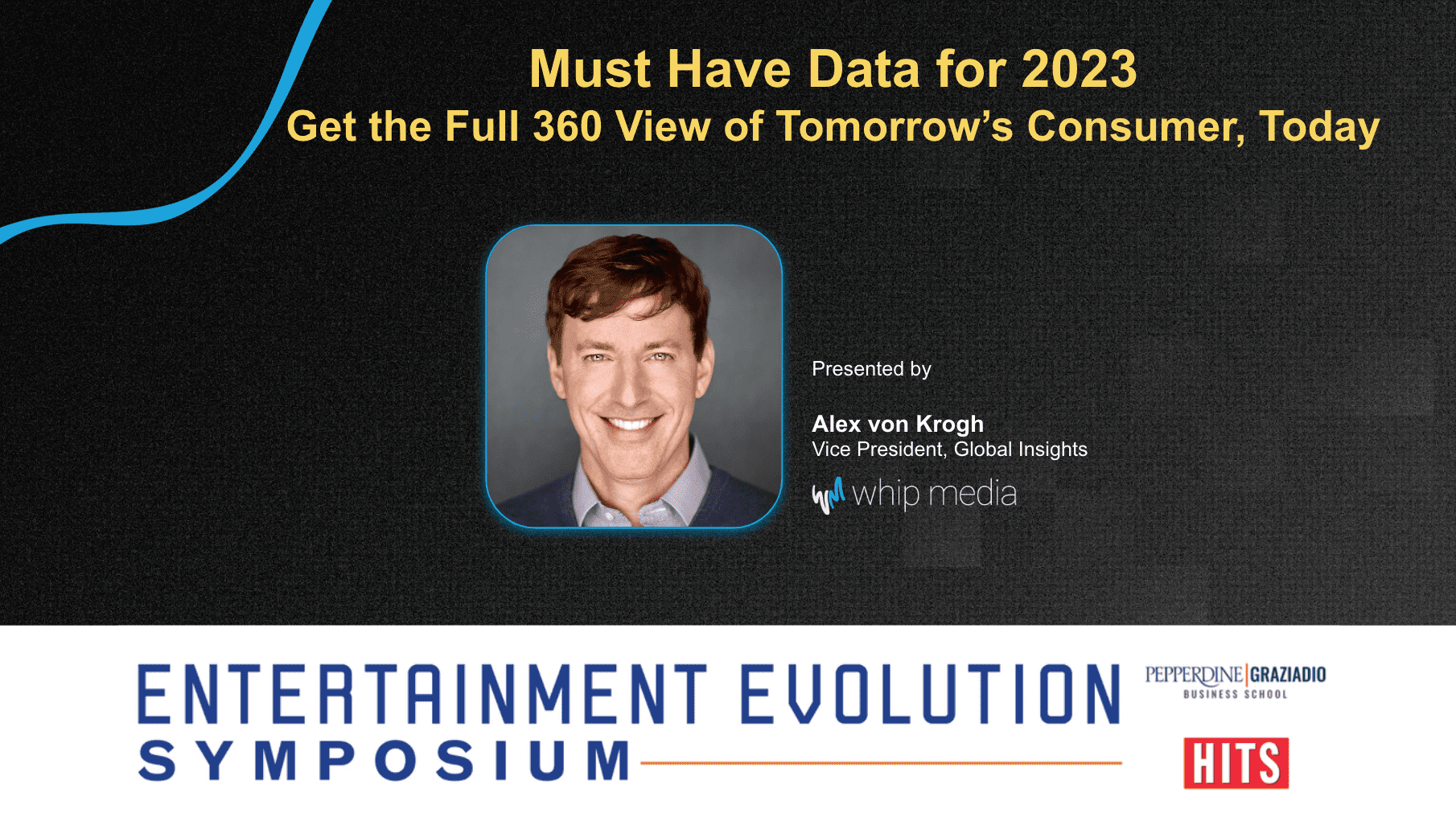 Alex von Krogh, Vice President of Global Insights, presenting at the Whip Media Entertainment Evolution Symposium 2023, discussing consumer data and industry trends.