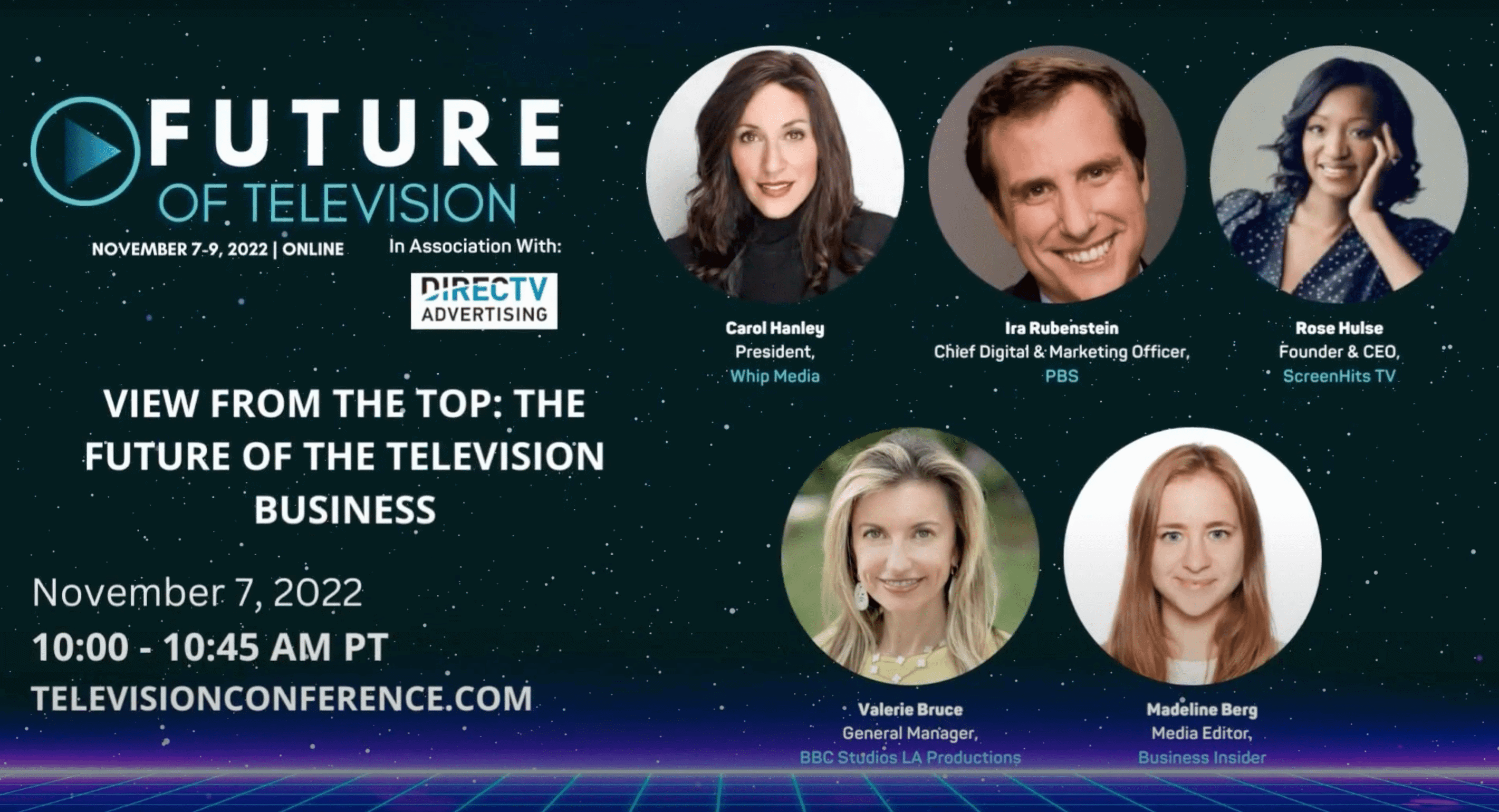 Whipmedia event promotional graphic featuring discussions on the future of television business, with profiles of speakers including Carol Hanley, Ira Rubenstein, Rose Hulse, Valerie Bruce, and Madeline Berg.