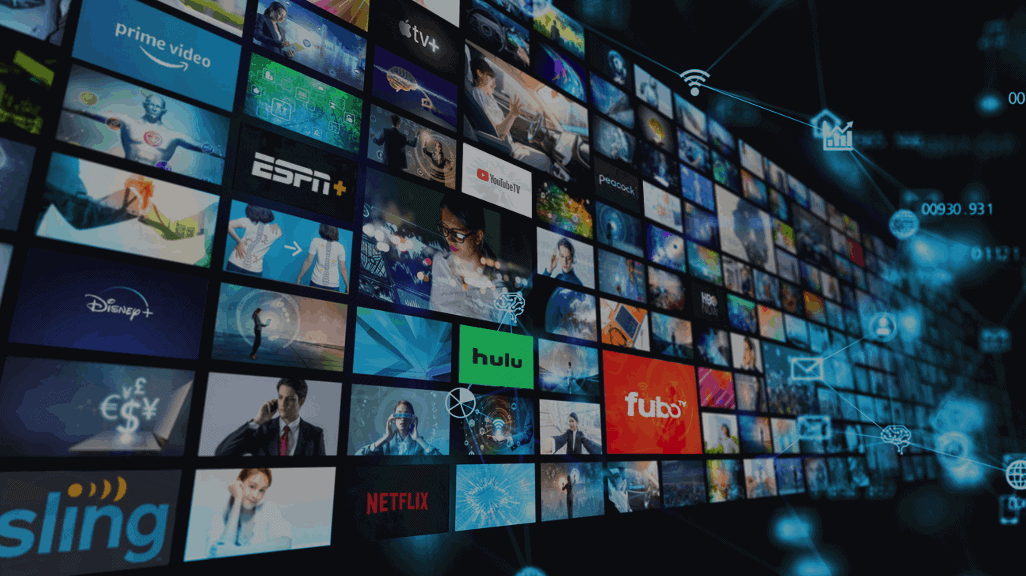 HD streaming services and digital content icons on a smart TV interface, featuring popular platforms like Hulu, Netflix, Disney+, and ESPN+ for on-demand entertainment.