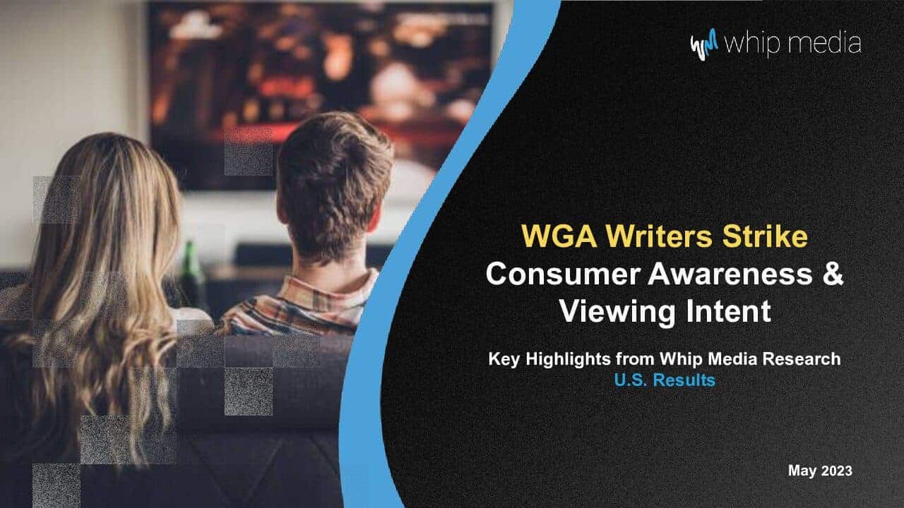 Consumer awareness survey showing viewers watching a movie at home, with research report cover on streaming trends and media analysis.
