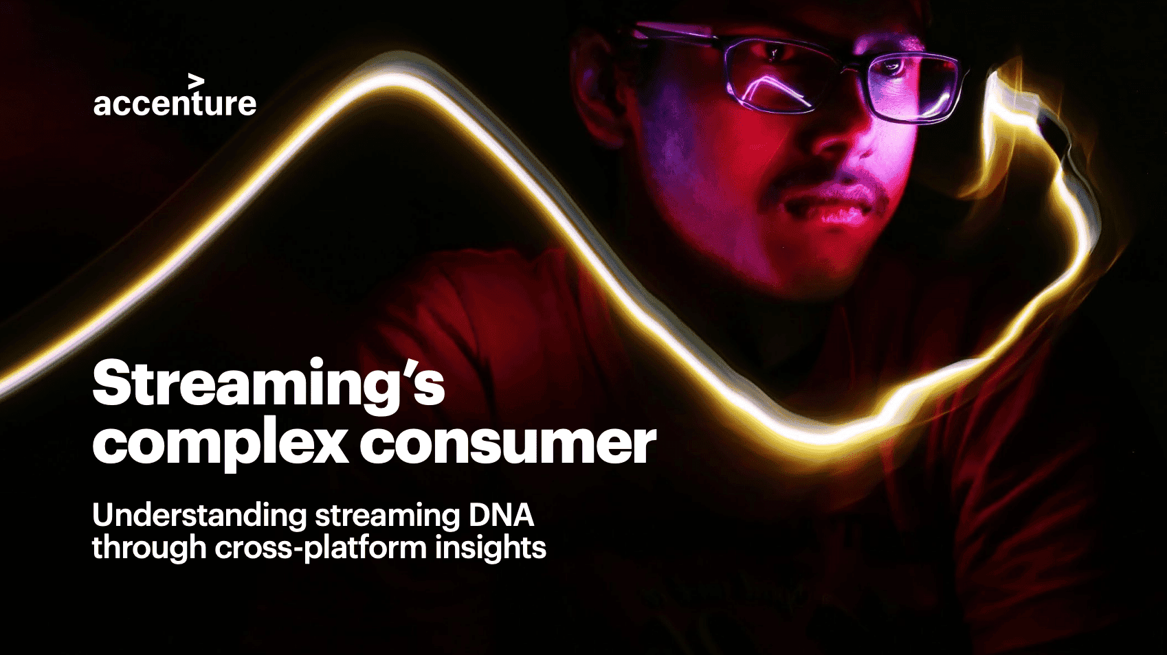 Guy wearing glasses with neon light trail around, digital streaming data visualization, high-tech media consumption, modern entertainment technology scene.