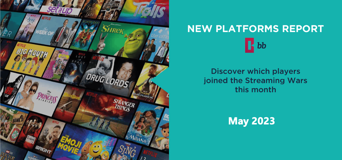 Netflix streaming service interface showing various movies and TV shows, focusing on new platform releases and popular titles like Shrek and Stranger Things for May 2023.