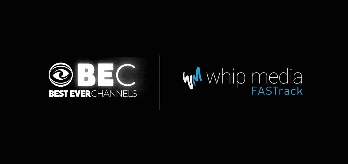 Best Ever Channels BEC logo and Whip Media FAStrack branding on black background for television industry analytics and media tracking solutions.