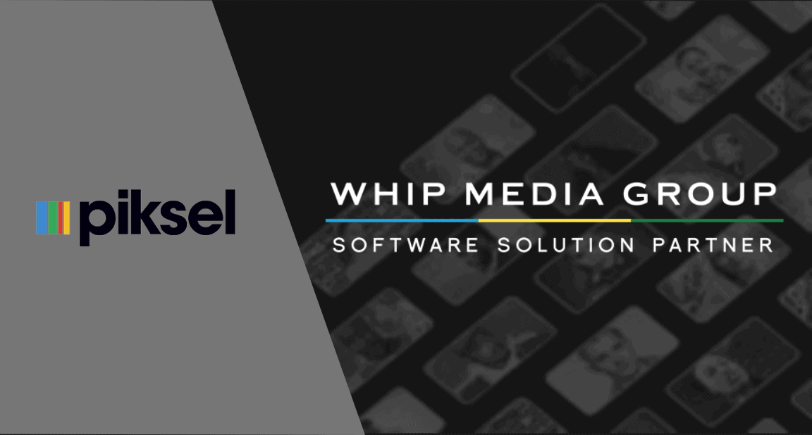 High-quality image of Whip Media Group and Piksel logos, showcasing software and digital media solutions, ideal for entertainment industry technology partnerships and media management platforms.