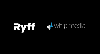 Ryff logo and Whip Media branding on a black background, representing a media technology company involved in content management and data analytics.