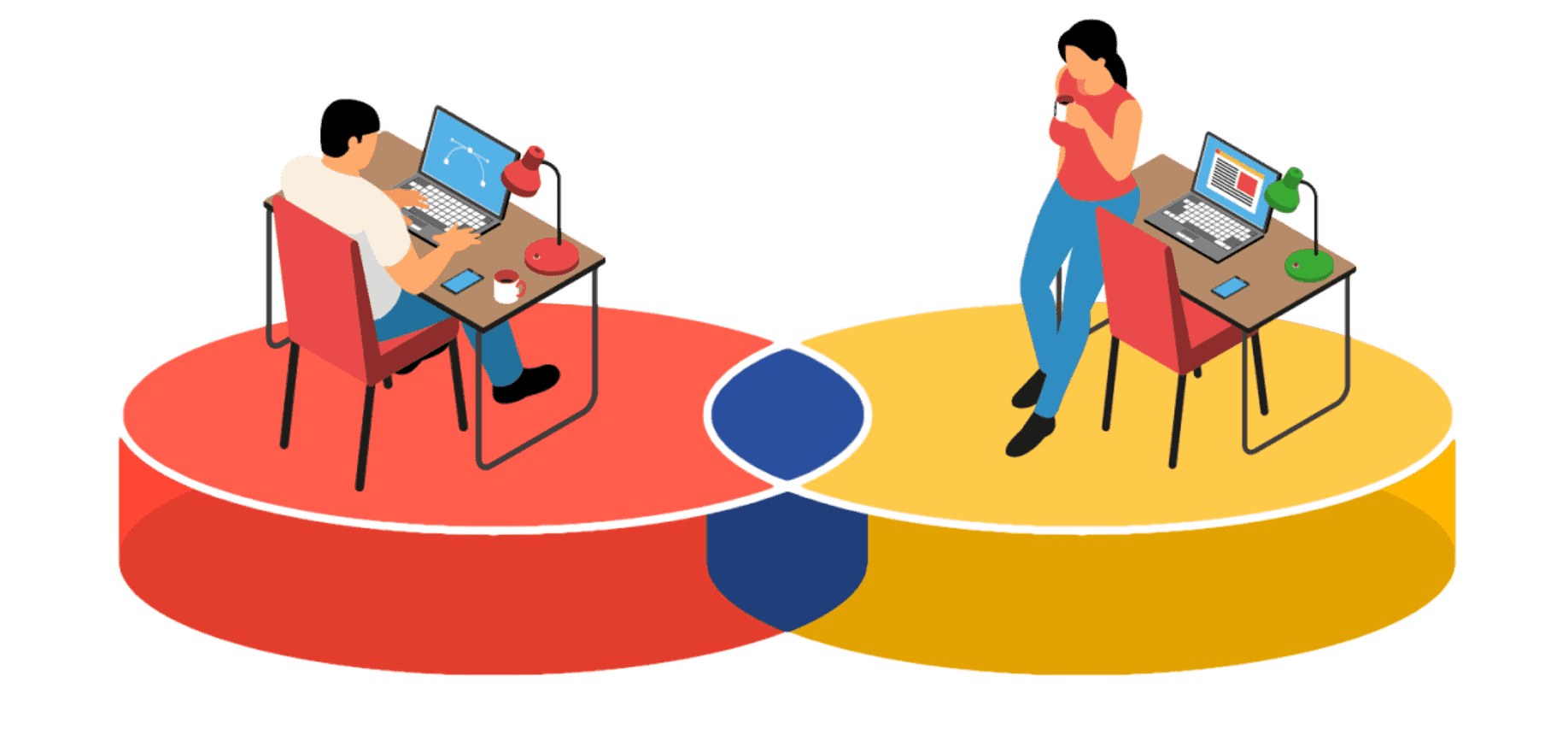 Laptops and two people working in a collaborative digital environment, illustration of teamwork and technology integration.