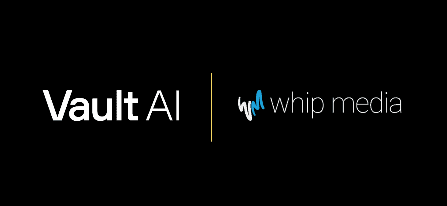 Vault AI and Whip Media collaboration logo, representing innovative media analytics, data management solutions, and advanced artificial intelligence technology for the entertainment industry.