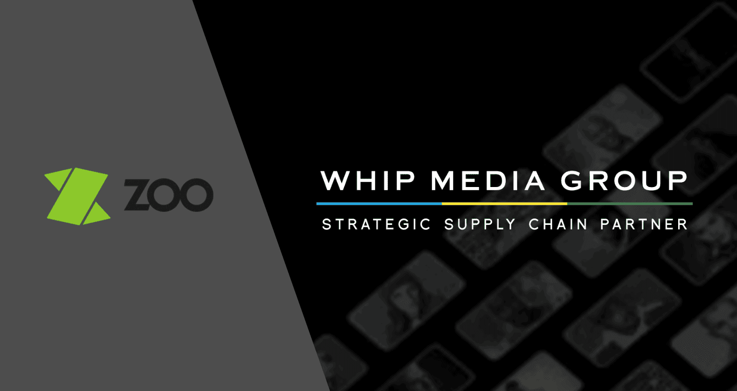 ZOO logo and Whip Media Group branding on a dark background, highlighting strategic media partnership.