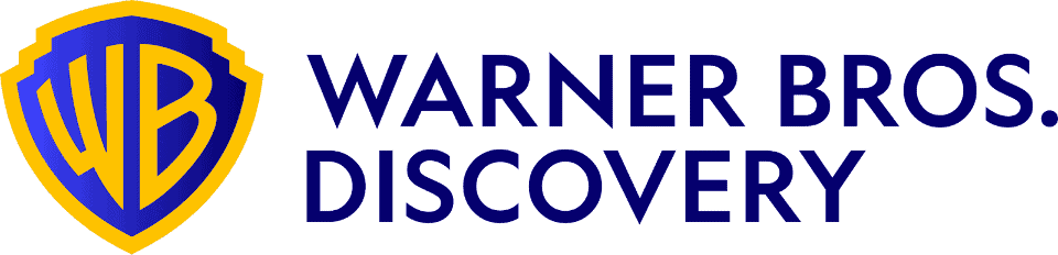 WB Warner Bros Discovery logo with bold blue and yellow colors representing entertainment industry branding.
