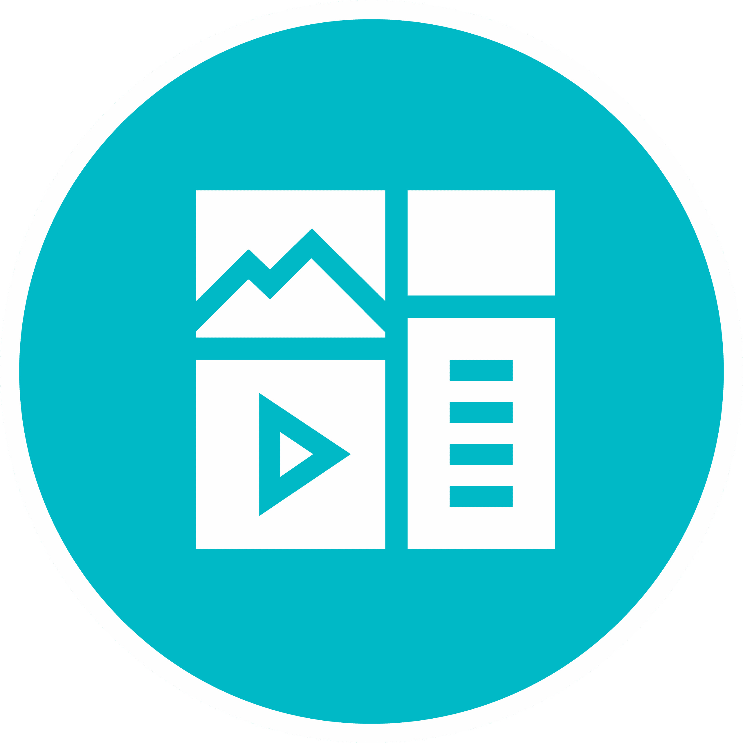 A digital media icon with charts, play button, and data visualization elements representing multimedia content and broadcast analytics.