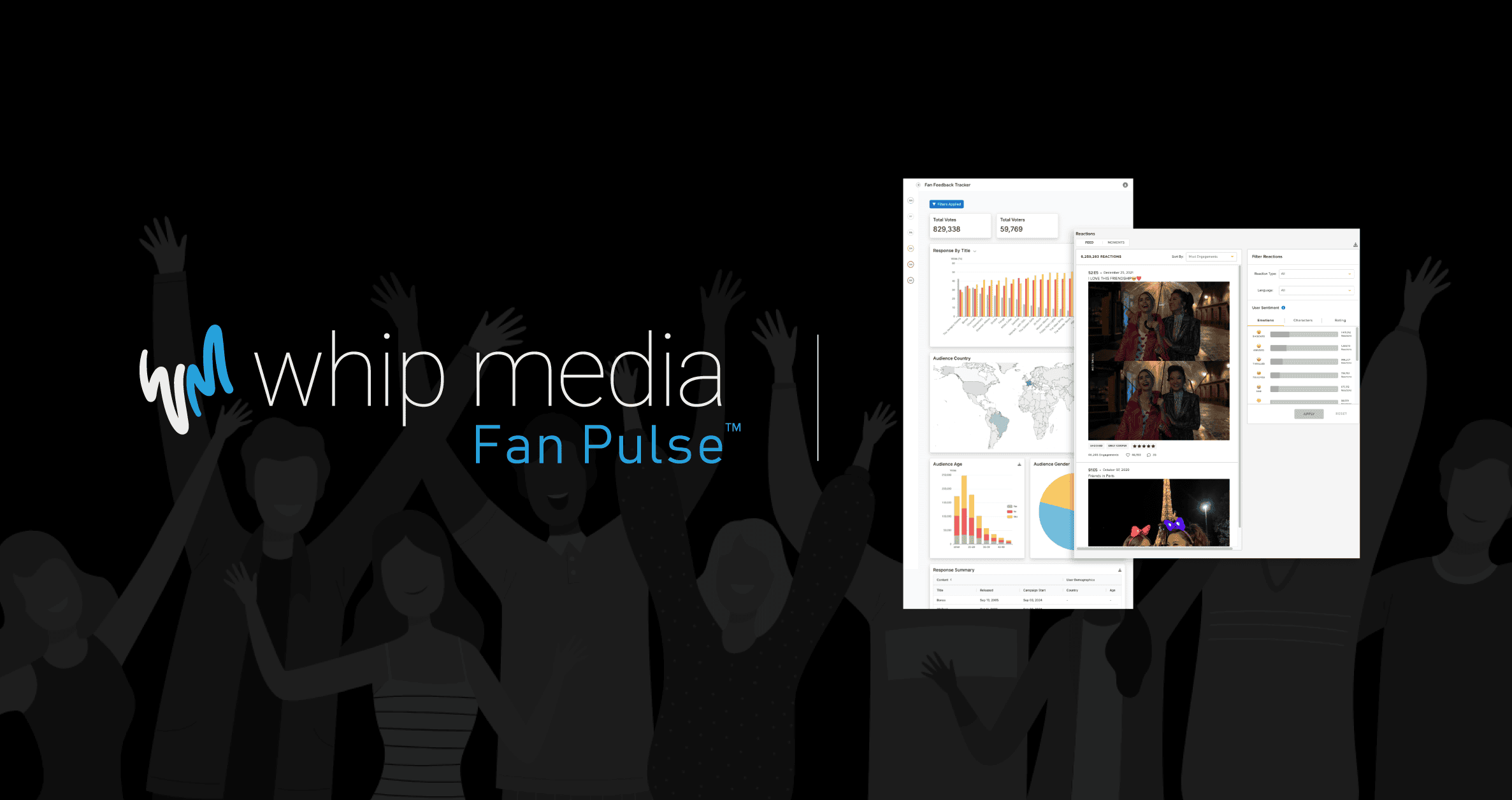 Engaging image showcasing Whip Media's Fan Pulse platform with analytics and fan engagement data for TV shows and movies.