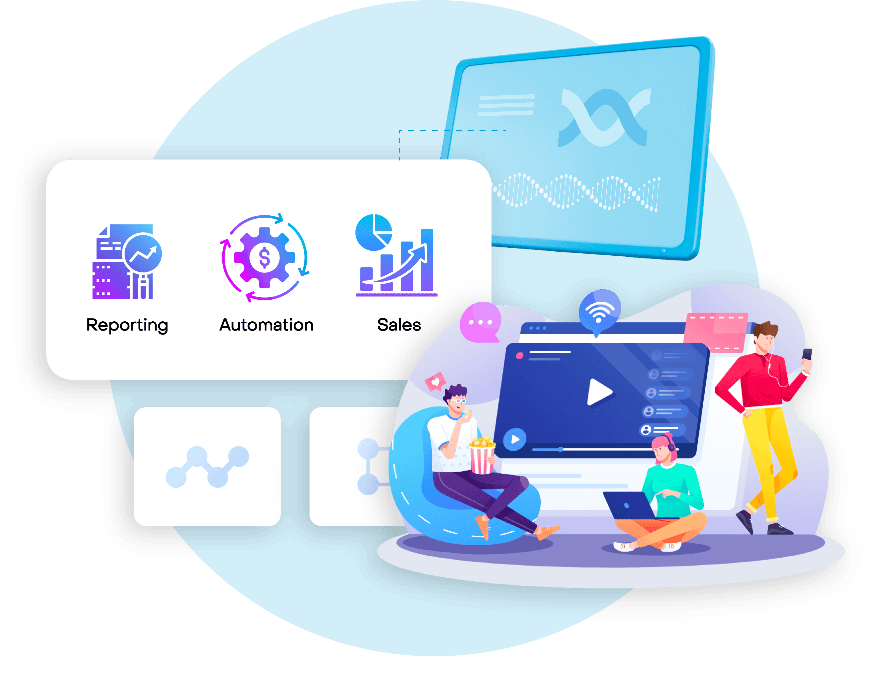 Reporting, automation, sales analytics, data visualization, digital marketing, business intelligence, cloud technology, remote collaboration, multimedia analytics, social media engagement, data-driven decisions, technology integration.