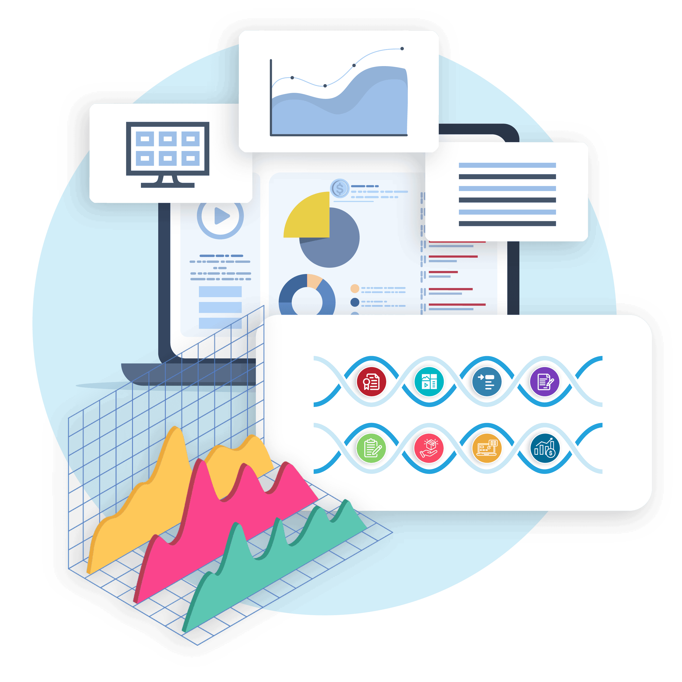 Interactive data visualization with charts, graphs, and analytics for media and content management.