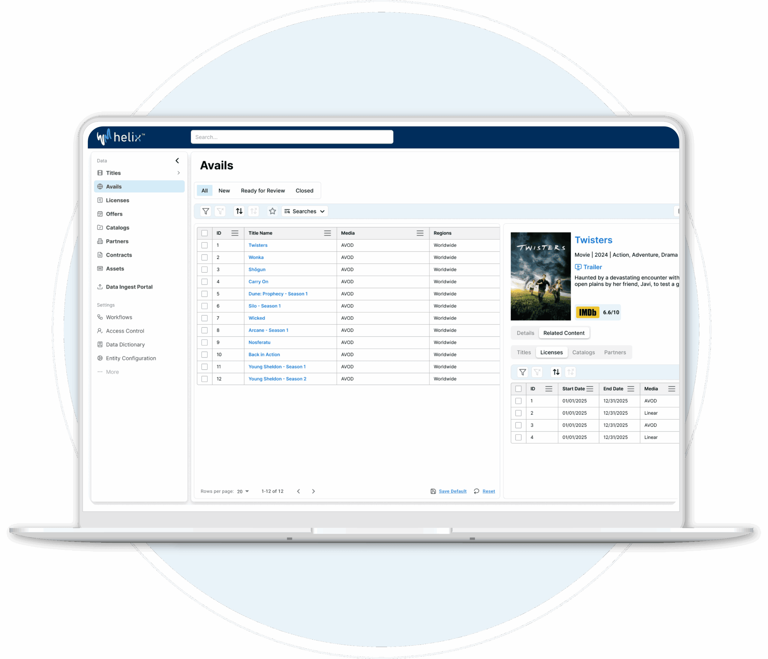 Avails management screen for TV shows and movies in helix platform with a focus on content licensing and video asset tracking.