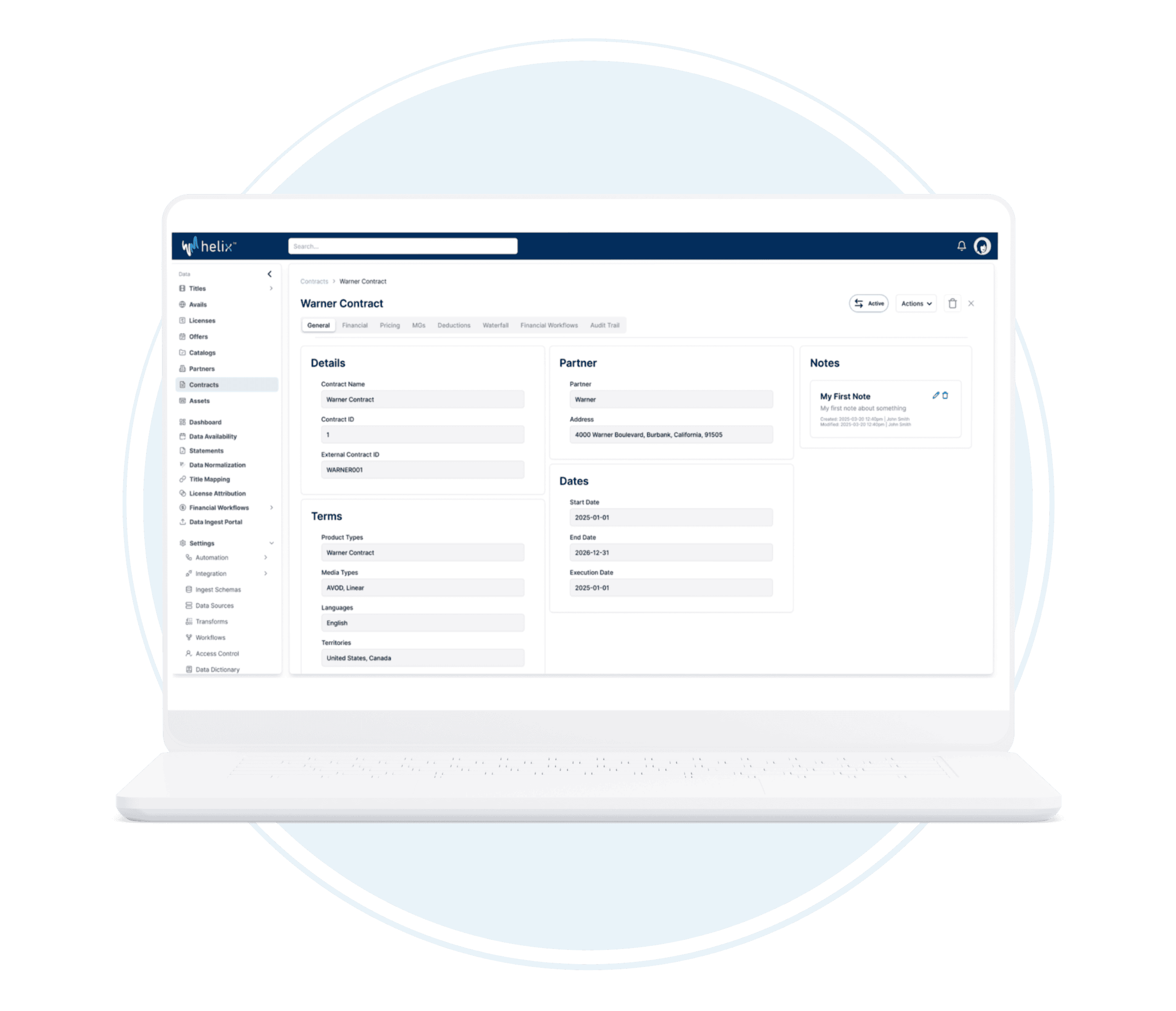 Efficient media management interface on Whipmedia platform showcasing contract details, partner information, and notes for streamlined entertainment industry workflows.