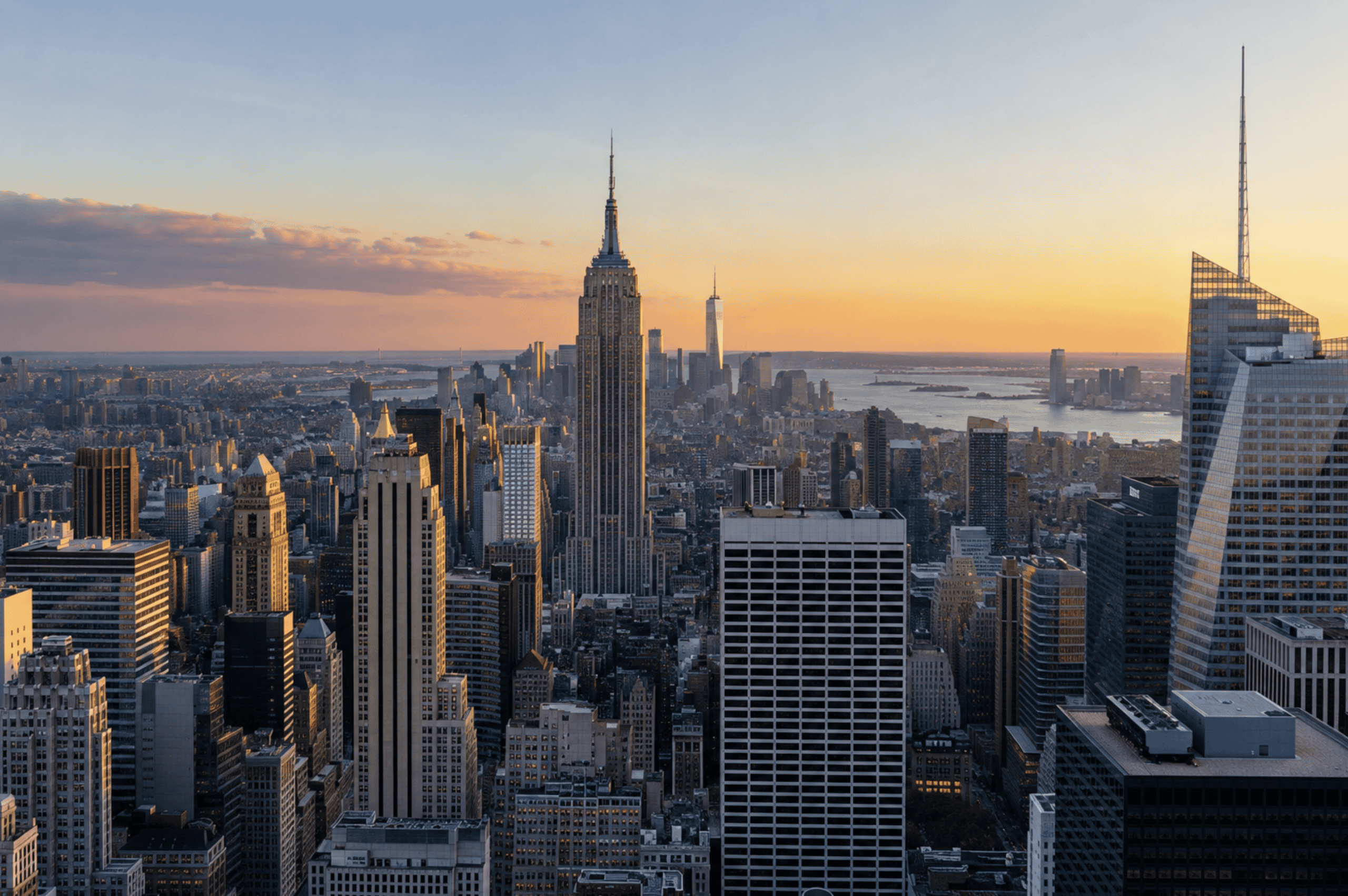 Empire State Building and Manhattan skyline during sunset, showcasing iconic skyscrapers and vibrant cityscape.
