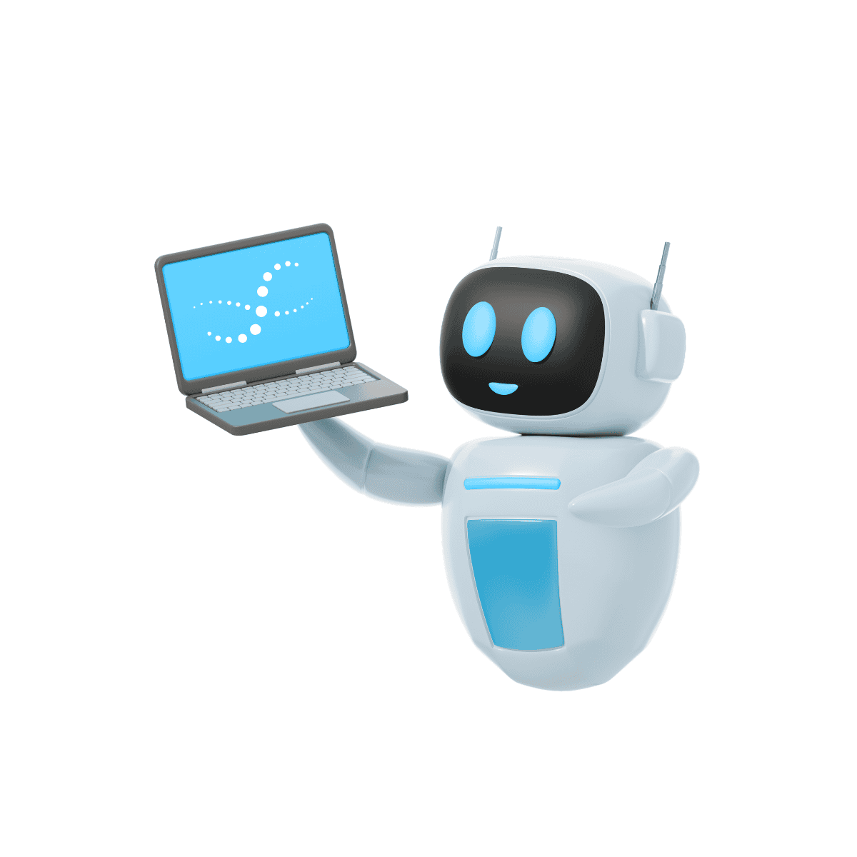 Friendly AI robot holding a laptop displaying a digital network icon, symbolizing content acceleration and digital innovation.