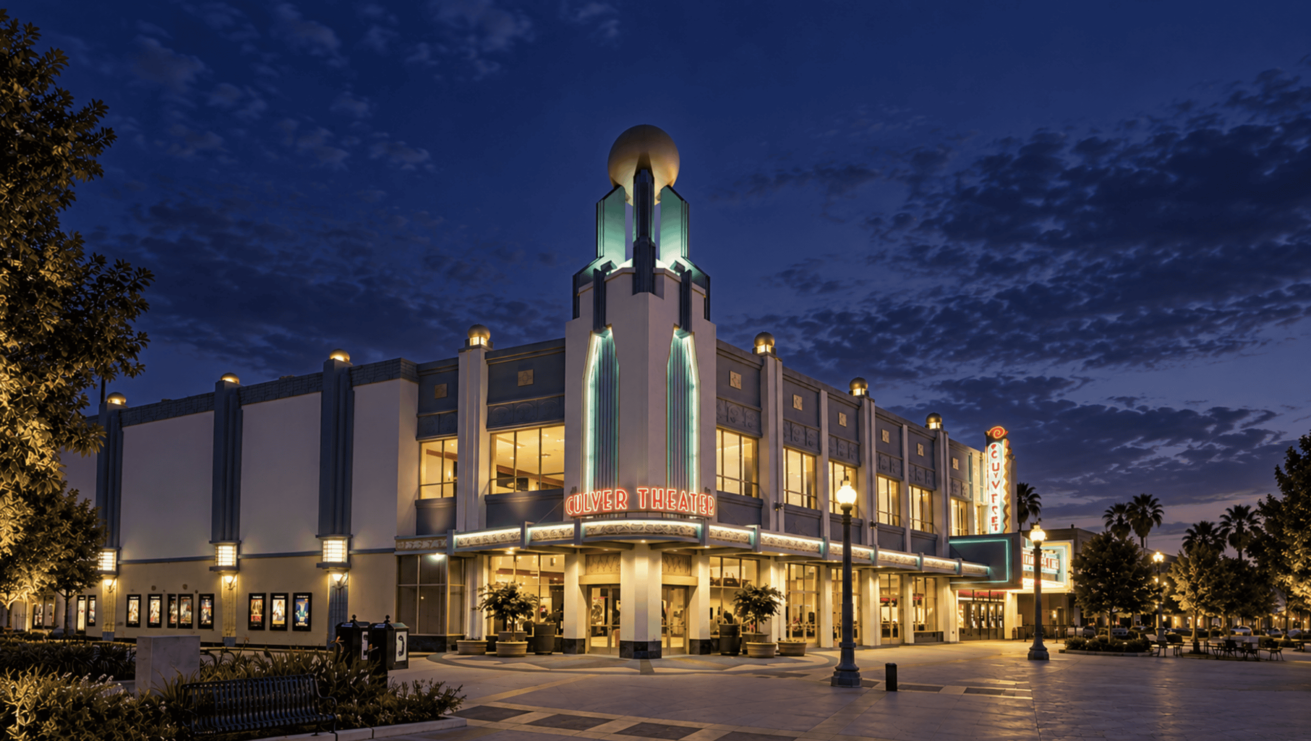 Exterior view of the historic movie theater illuminated at night during the 2026 DEG EnTech Awards event.