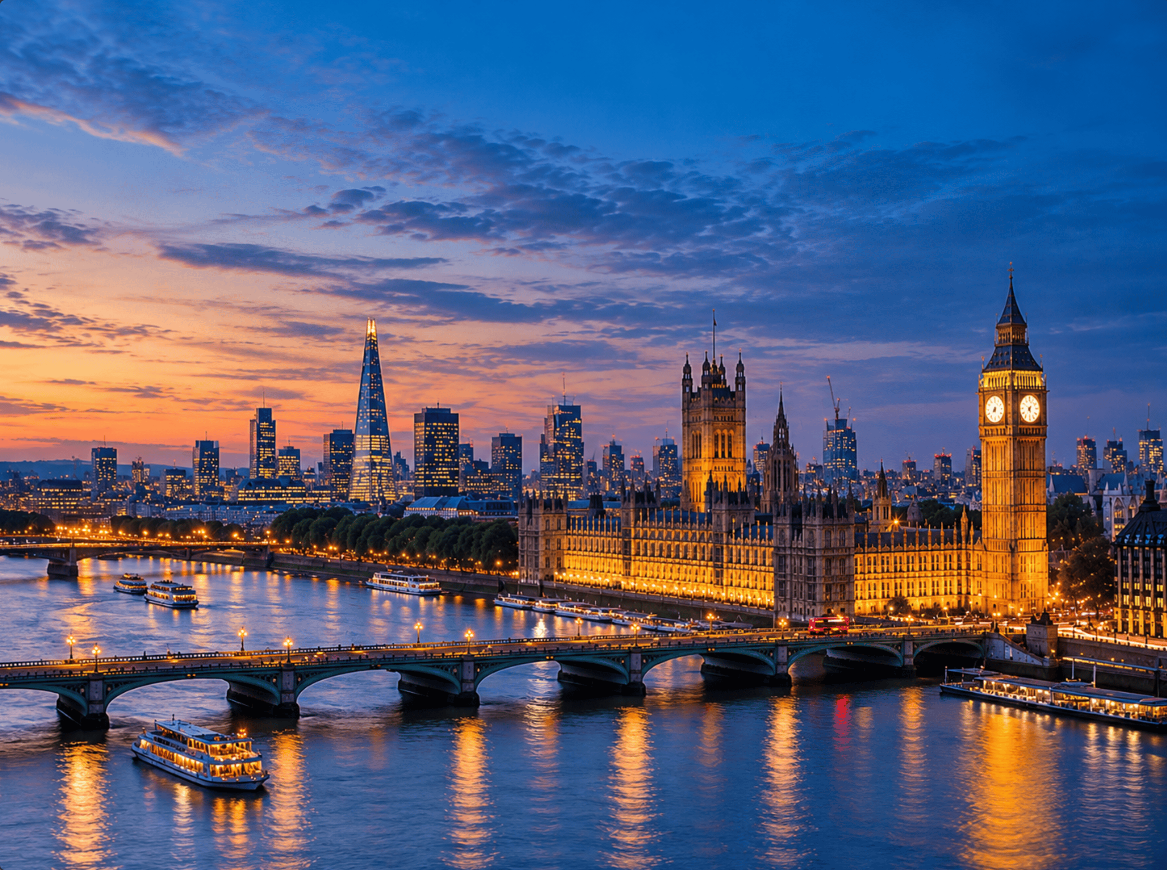 London skyline featuring Big Ben, the Shard, and the Houses of Parliament during sunset with a river view and city lights.