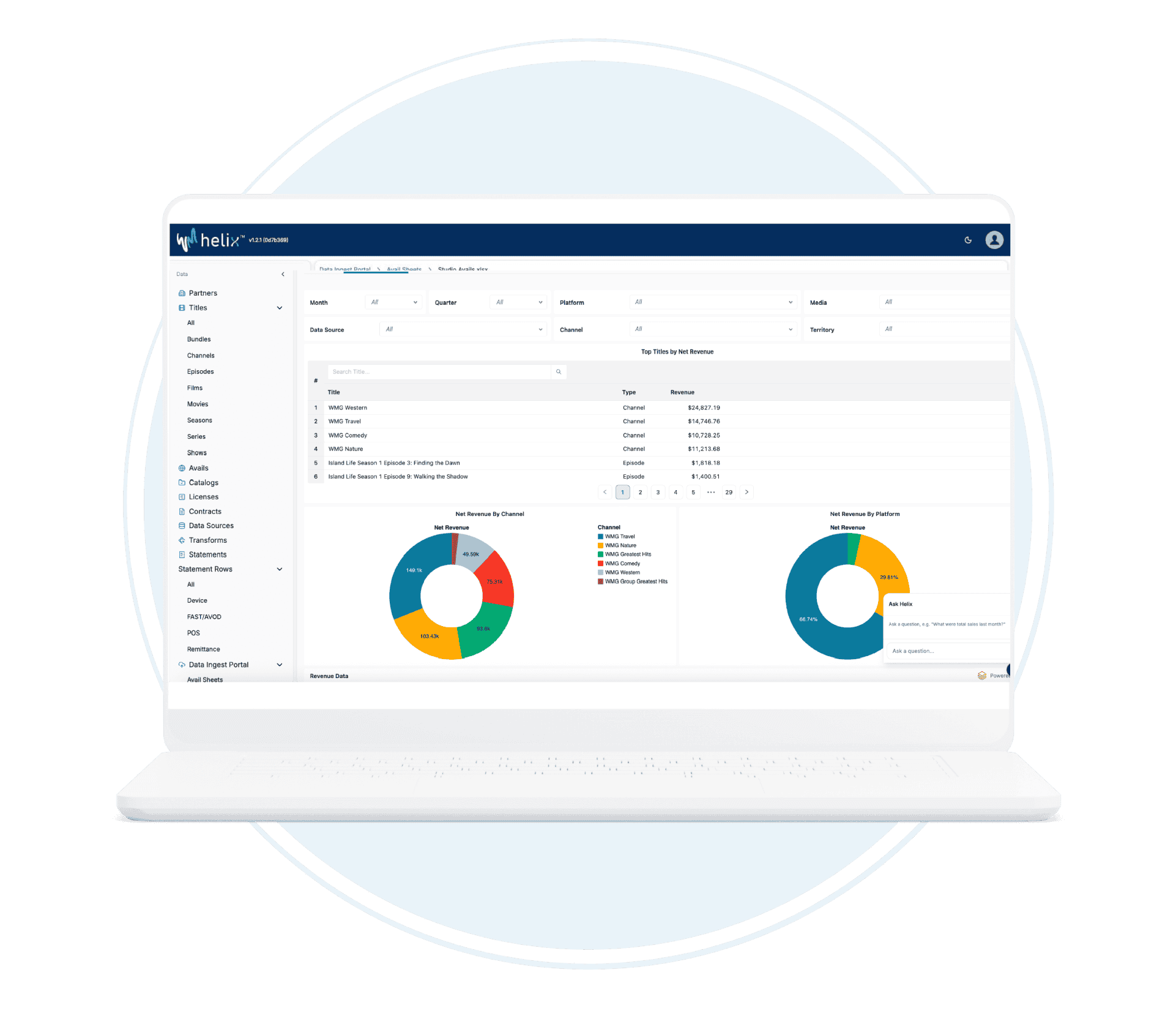 Screenshot of Whipmedia platform showing performance analytics and data visualization charts for media management.